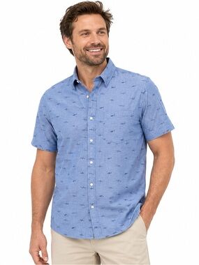 Hawker Rye Blue Fish Print Stretch Oxford Button Down Shirt XL Short EUC